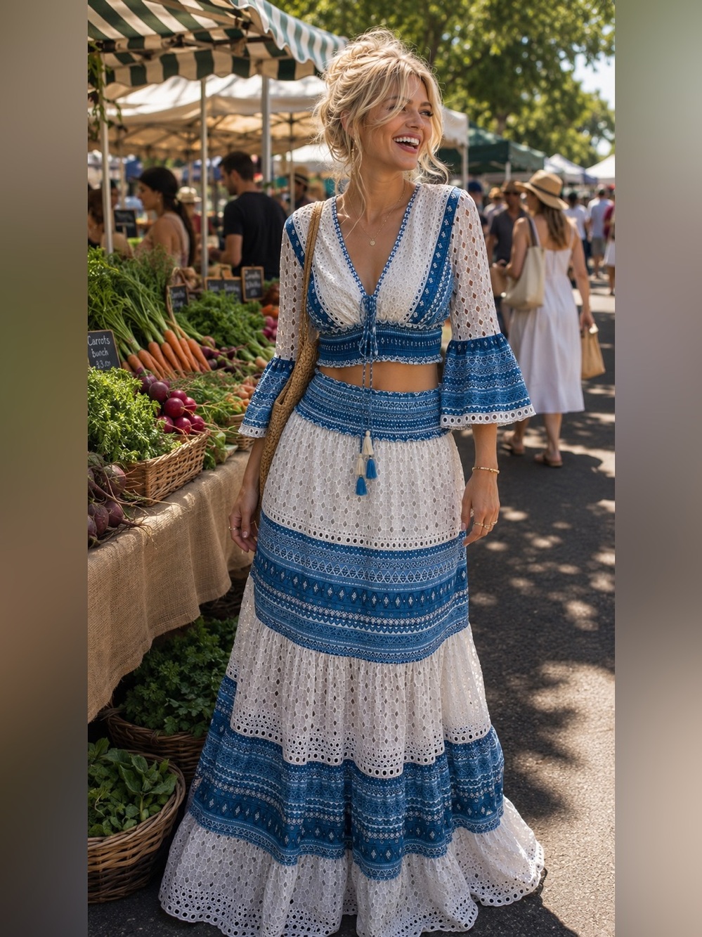 NWOT Papa Pia White & Blue Eyelet Top and Maxi Skirt Two-Piece Set